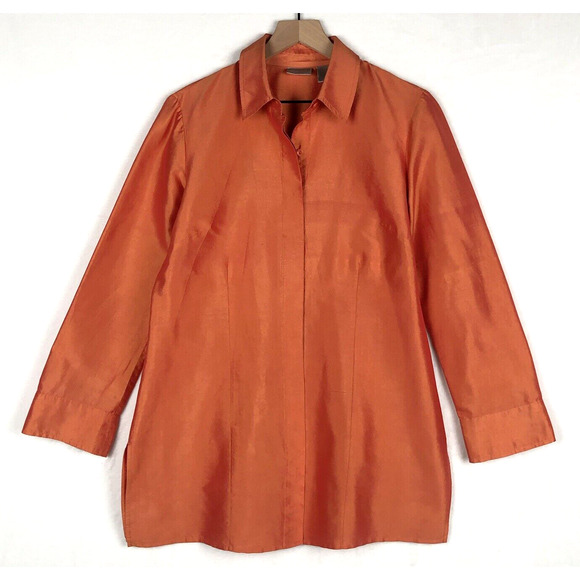 VTG CHICO'S 100% Silk Shirt Sz 1 (M) Orange Hidden Button Split 3/4 Cuff‎ Formal - Picture 1 of 16